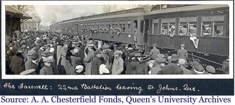 Men boarding a train in St. John's, Quebec