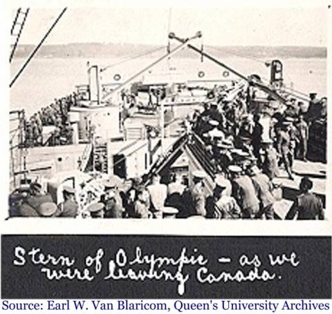 Photograph of taken on the deck of the H.M.S. Olympicas it was leaving Canada during WWI