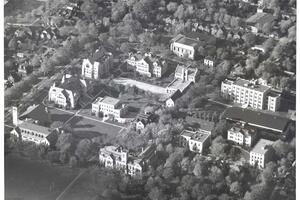 Aerial view of Queen's University campus showing Grant Hall and other buildings