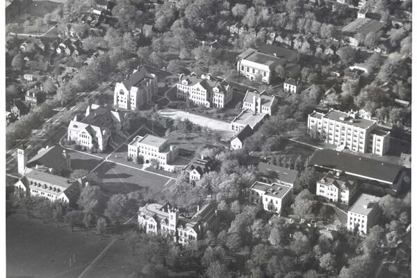 Aerial view of Queen's University campus showing Grant Hall and other buildings