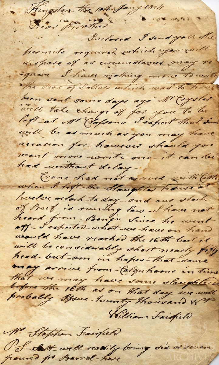 Letter from William Fairfield to Stephen Fairfield, 10 January 1814 (Fairfield family fonds, 2193b-1-6)