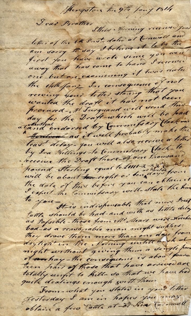  Letter from William Fairfield to Stephen Fairfield, 9 January 1814, Page 1 (Fairfield family fonds, 2193b-1-6)