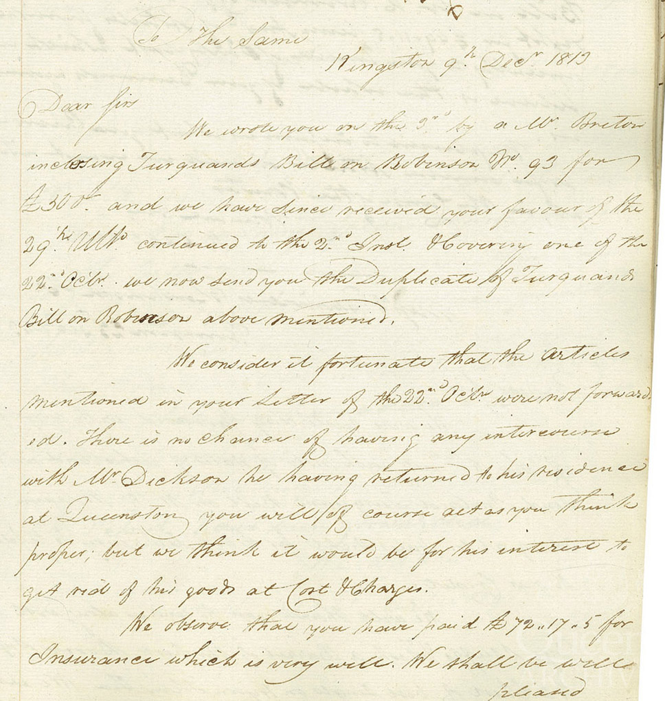 Richard Cartwright letterbook, 9 December 1813, Page 1 (Cartwright family fonds, Richard Cartwright sous-fonds, 2199-3-Vol7)