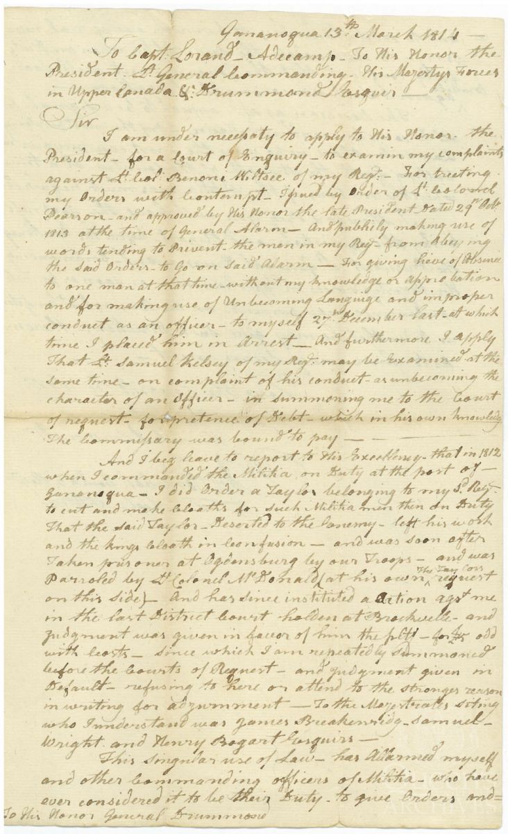 Joel Stone to Captain Lorand, 13 March 1814, Page 1 (Joel Stone fonds, 3077)