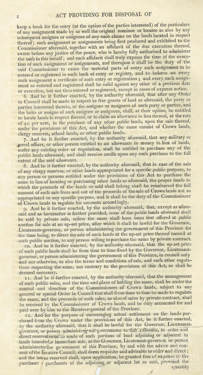 An Act to provide for the Disposal of Public Lands in this Province, Page 2 (Upper Canada land transactions collection, 2266-2-7)