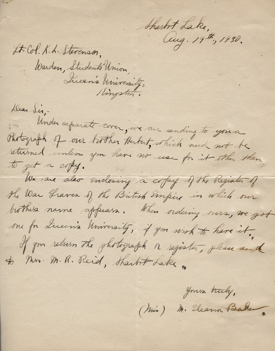 Letter from Eleanor Baker to Lt. Col. K.L. Stevenson