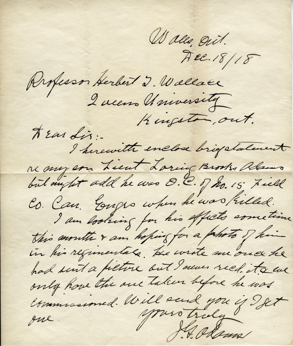 "Letter from J.G. Adams to Professor Herbert Wallace, 18th December 1918"