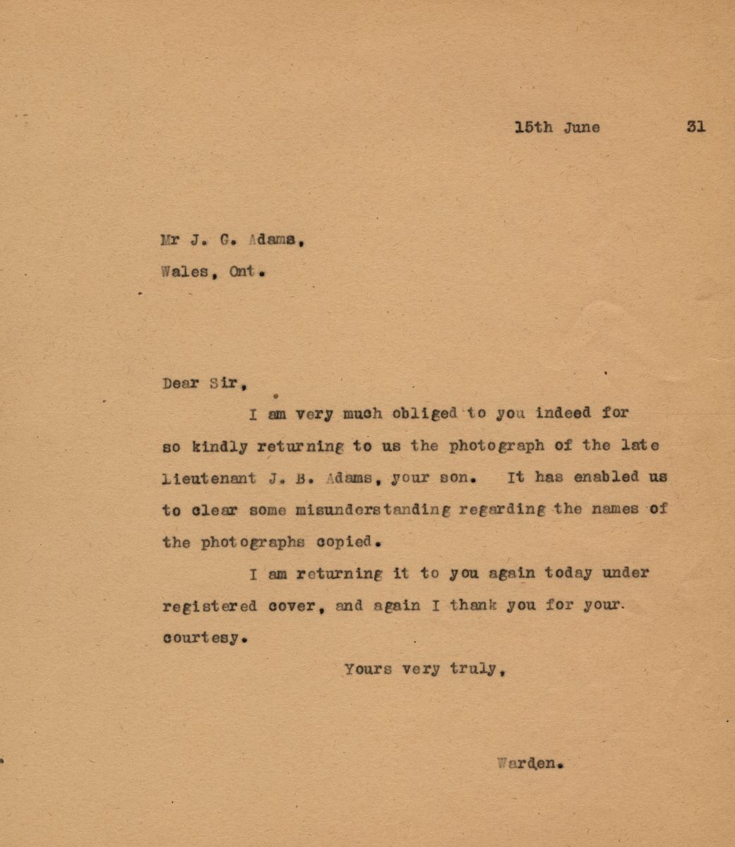 "Letter from the Warden to J.G. Adams, 15th June"