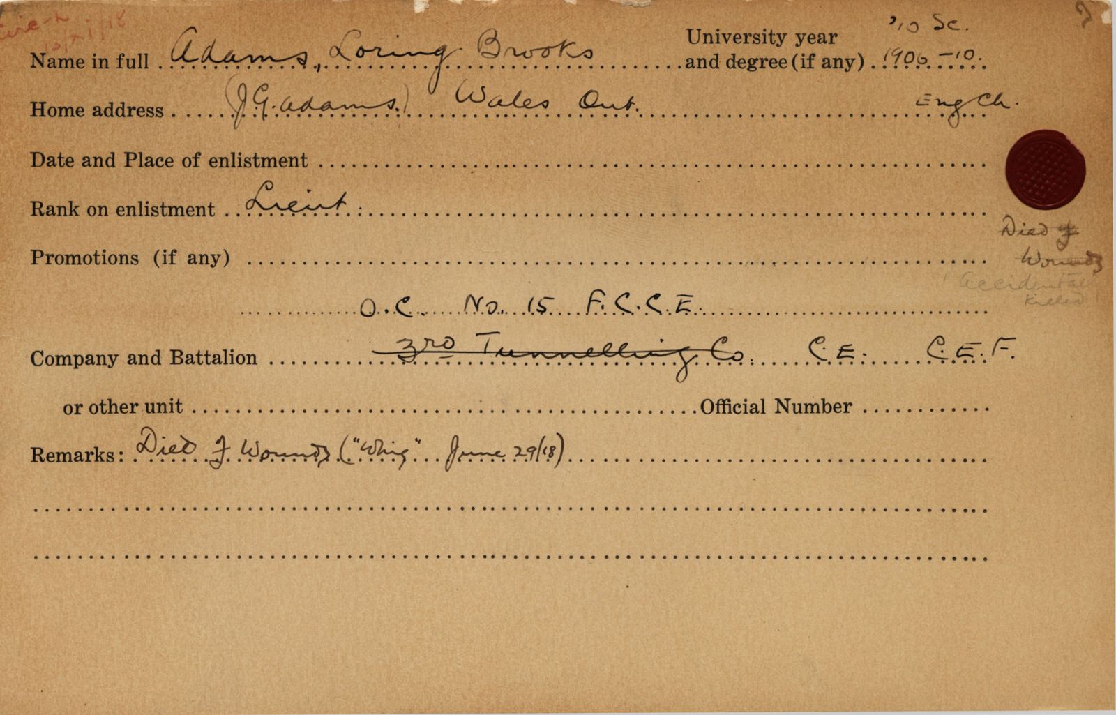 "University Military Record Card of Adams"