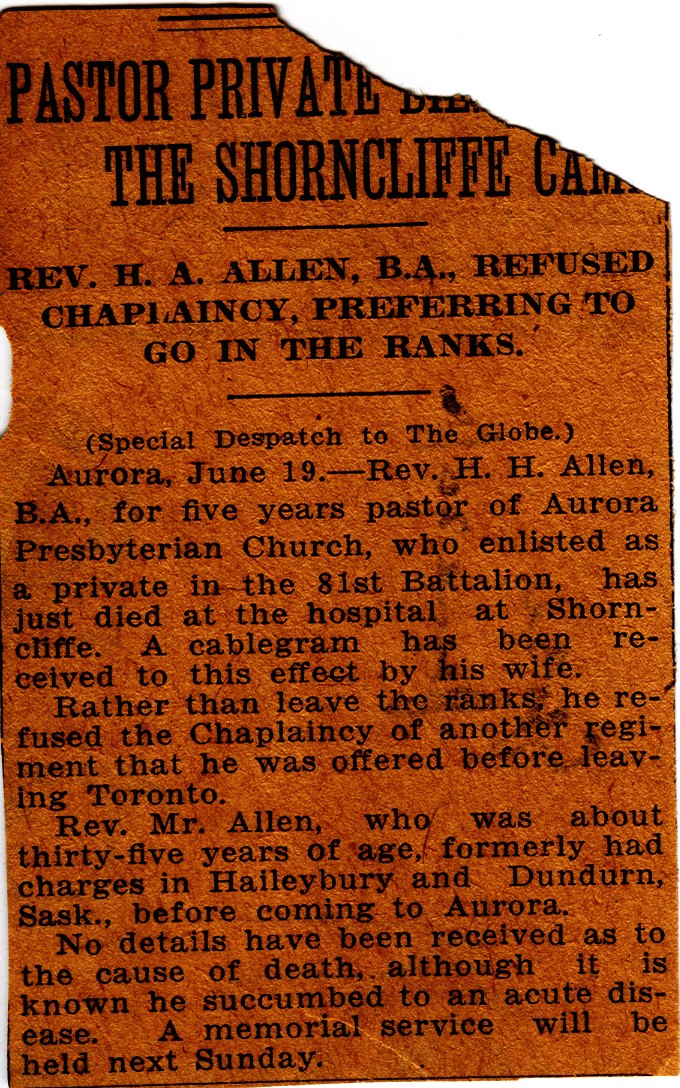 News Clipping Reporting Death of Allen