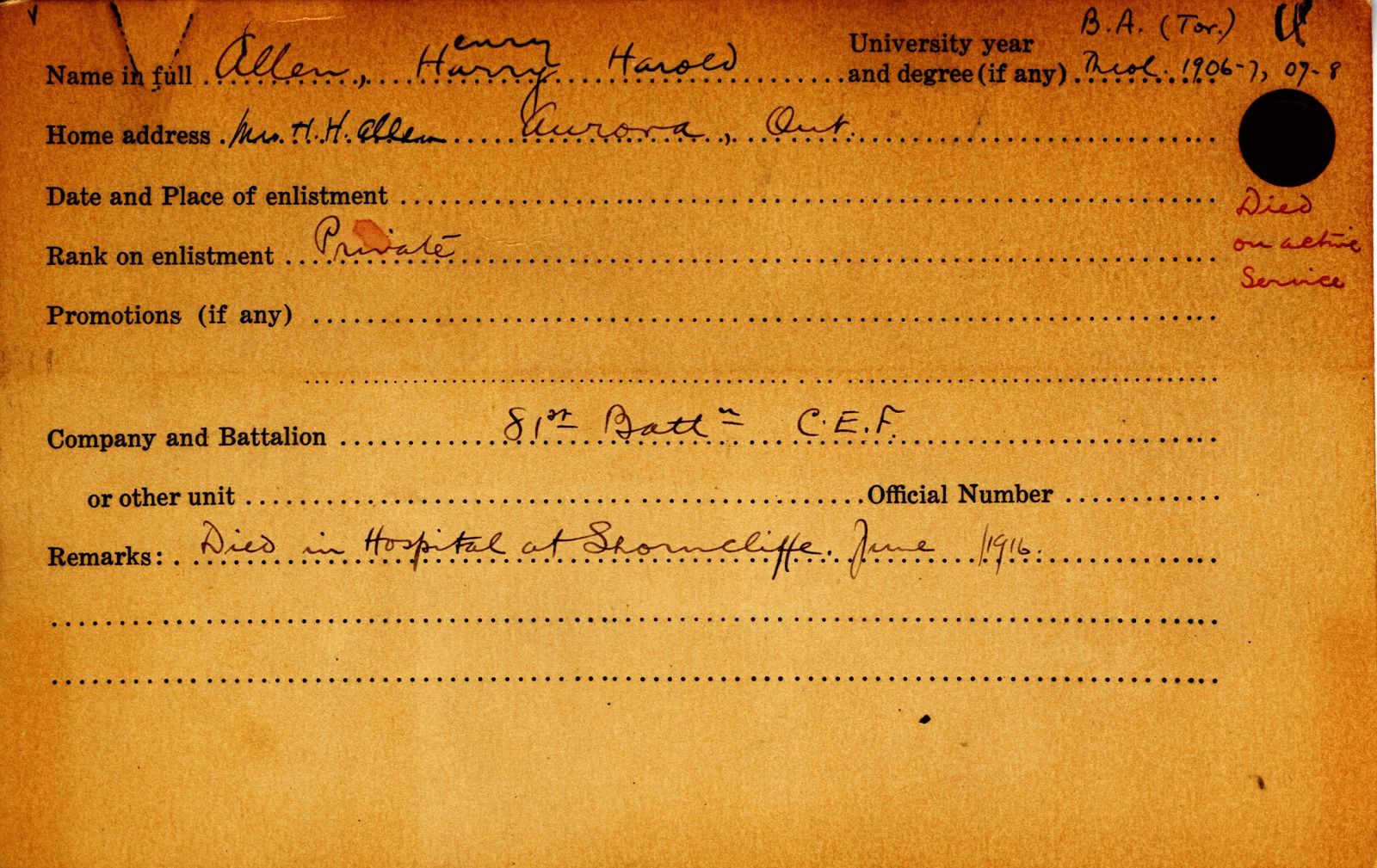 University Military Record of Rev. Henry Harold Allen