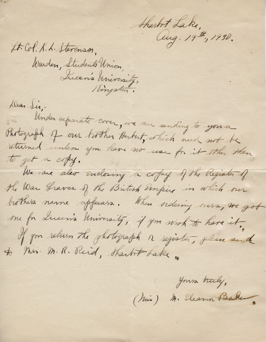 Letter from Ms. Eleanor Baker to Lt. Col. K.L. Sterenson, 19th August 1930