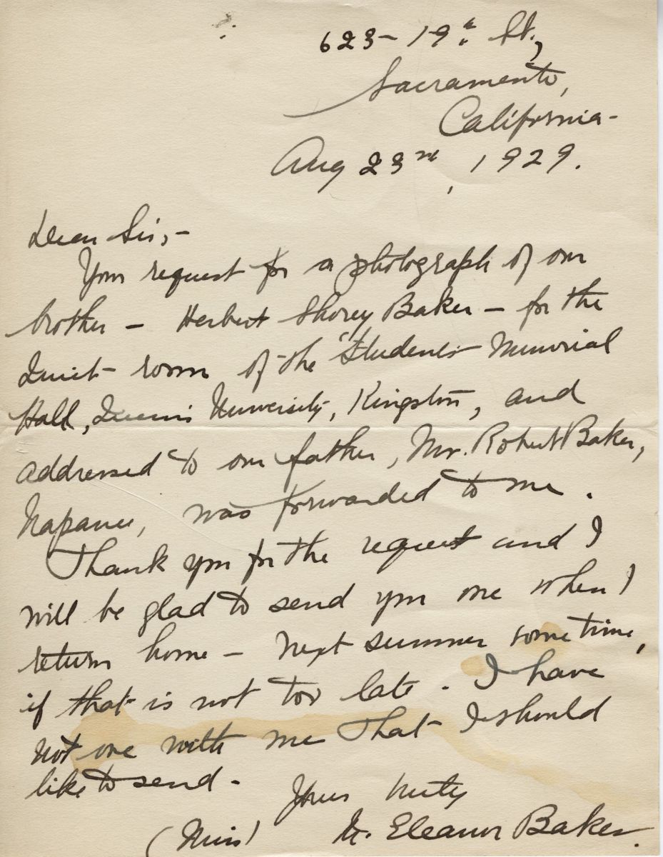 Letter from Ms. Eleanor Baker to her sister, 23rd August 1929