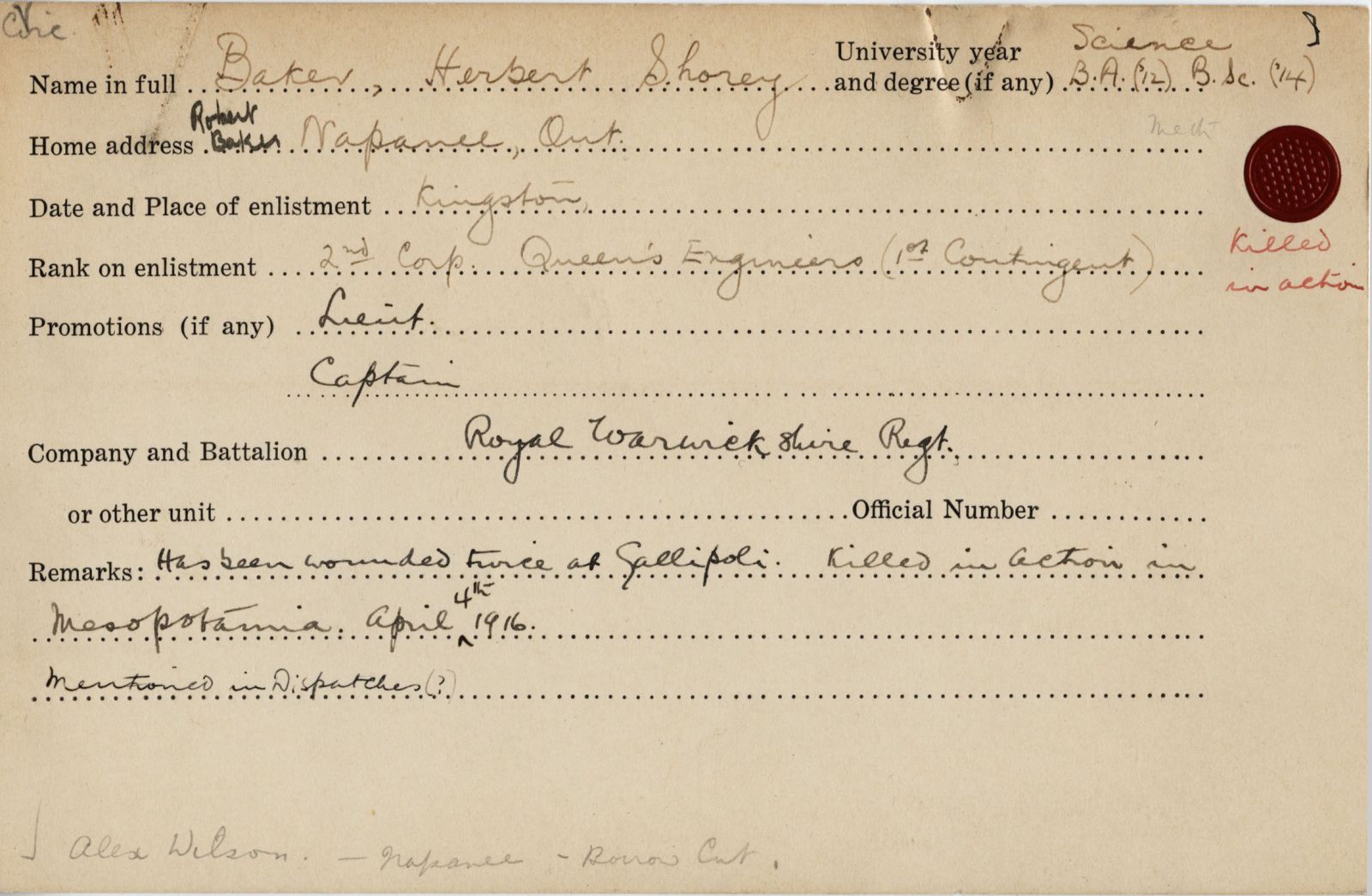 University Military Record of Baker
