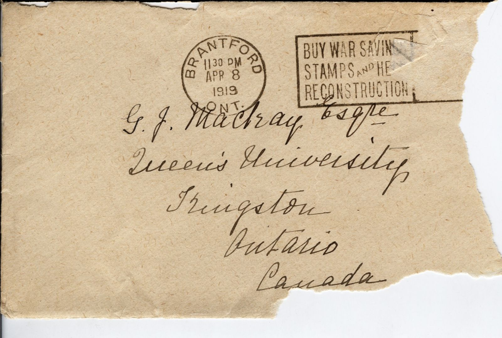 Envelope Addressed to G.J. Mackay Esqre