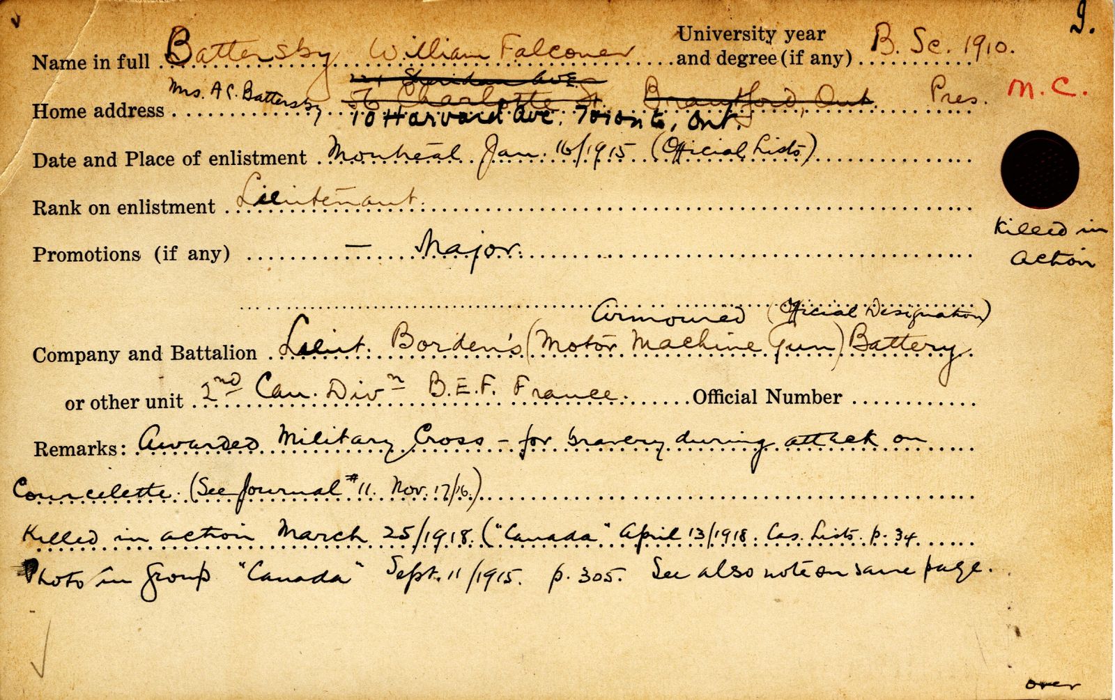 University Military Record of Battersby