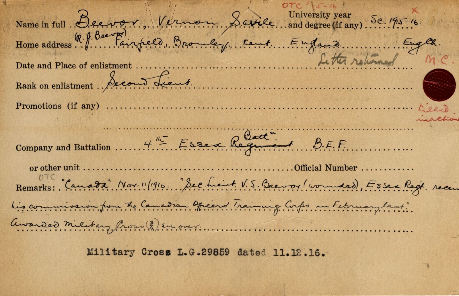 University Military Record of Beevor