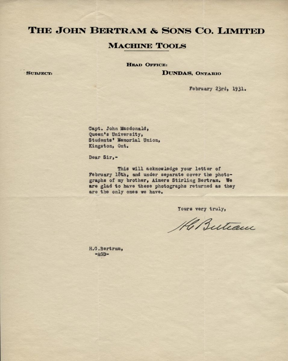 Letter from H.G. Bertram to Capt. John MacDonald, 23rd February 1931