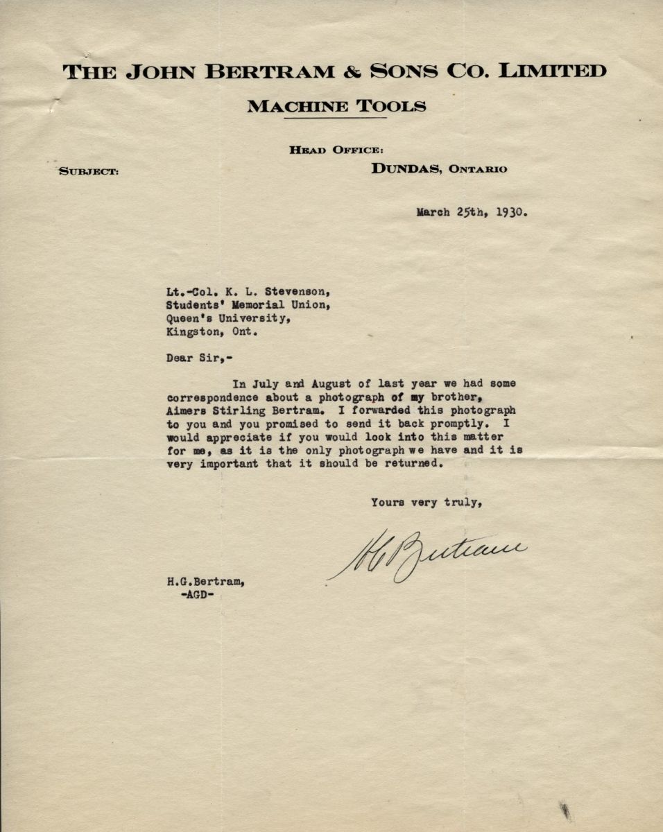 Letter from H.G. Bertram to Lt. Col. K.L. Stevenson, 25th March 1930