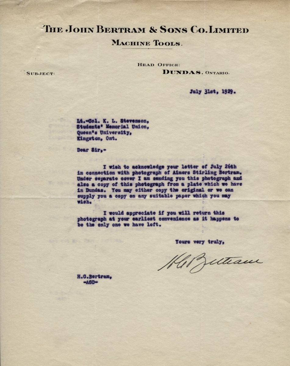 Letter from H.G. Bertram to Lt. Col. K.L. Stevenson, 31st July 1929