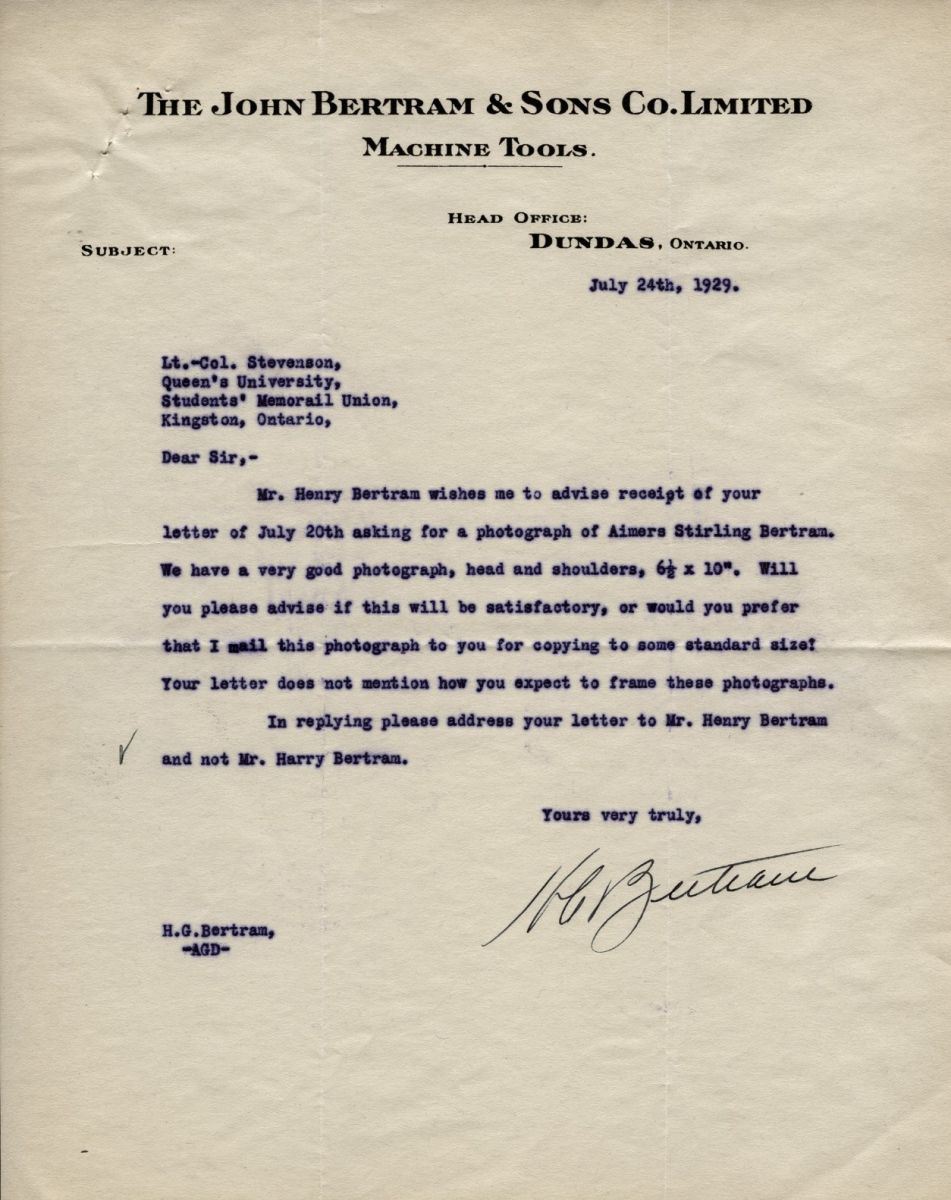 Letter from H.G. Bertram to Lt. Col. K.L. Stevenson, 24th July 1929