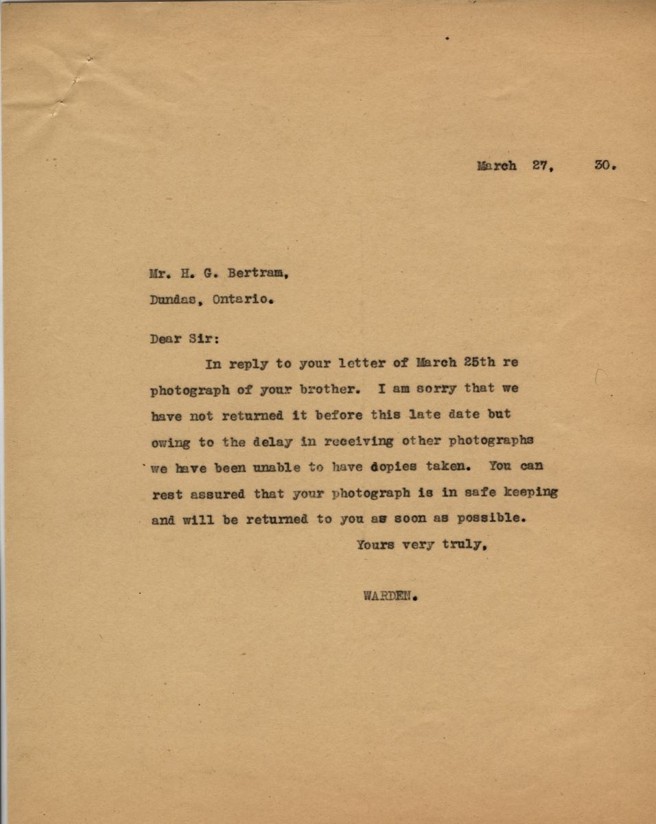 Letter from Warden to Mr. H.G. Bertram, 27th March 1930