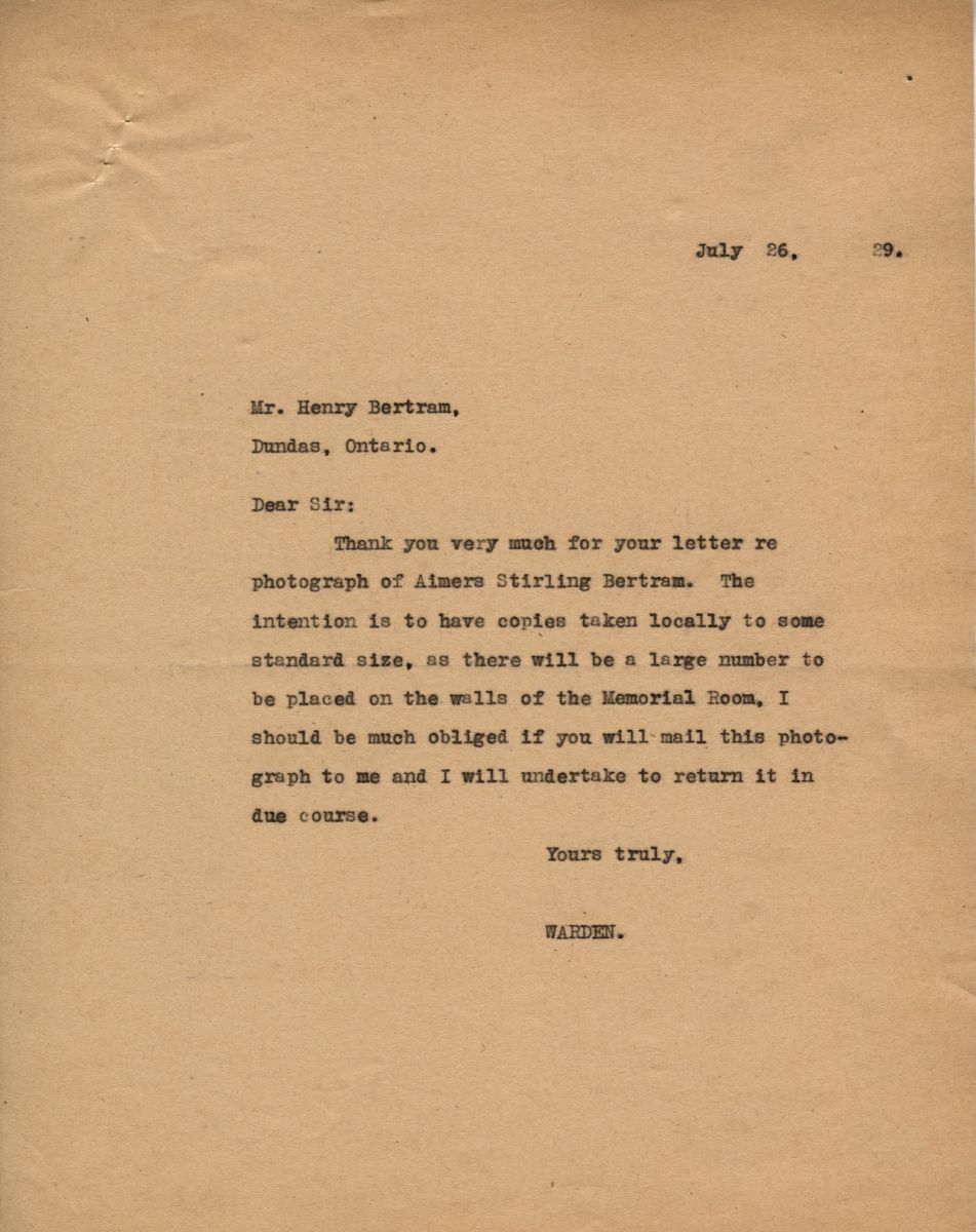 Letter from the Warden to Mr. Henry Bertram, 26th July 1929