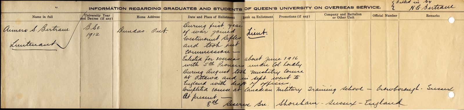 University Overseas Service Record of Bertram