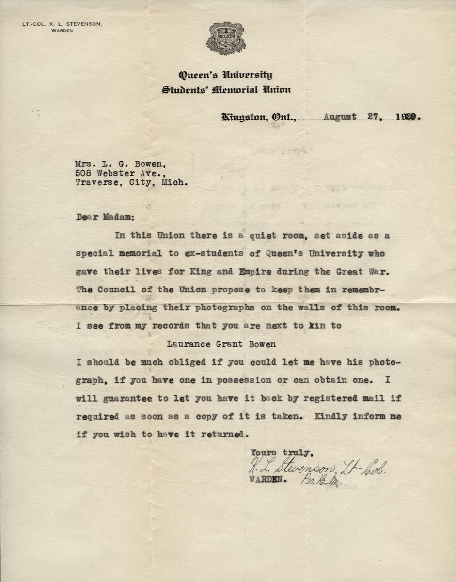 Letter from Lt. Col. K.L. Stevenson to Mrs. L.G. Bowen, 27th August 1929