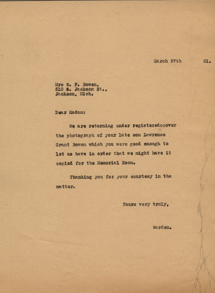 Letter from the Warden to Mrs. W.F. Bowen, 27th March 1931