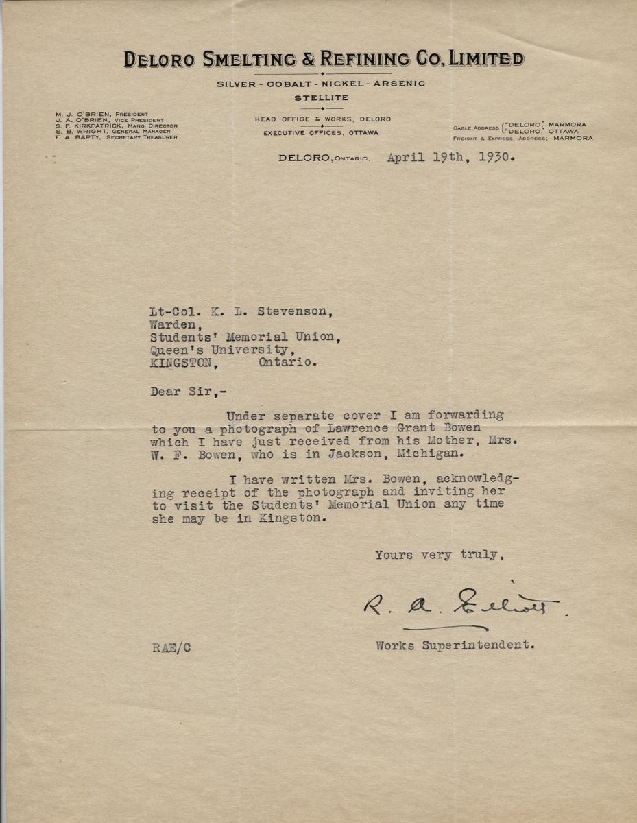 Letter from R.A. Elliot to Lt. Col. K.L. Stevenson, 19th April 1930