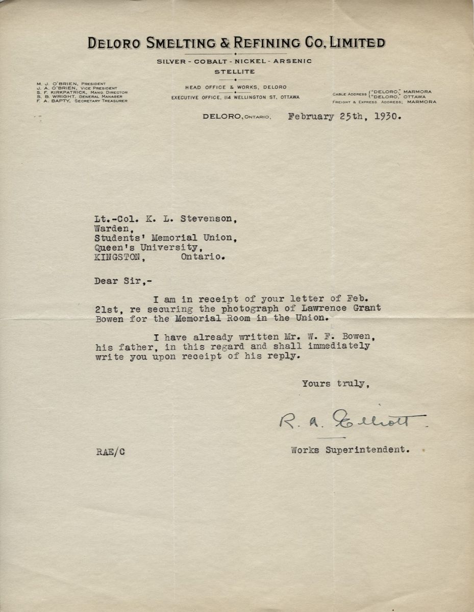 Letter from R.A. Elliot to Lt. Col. K.L. Stevenson, 25th February 1930