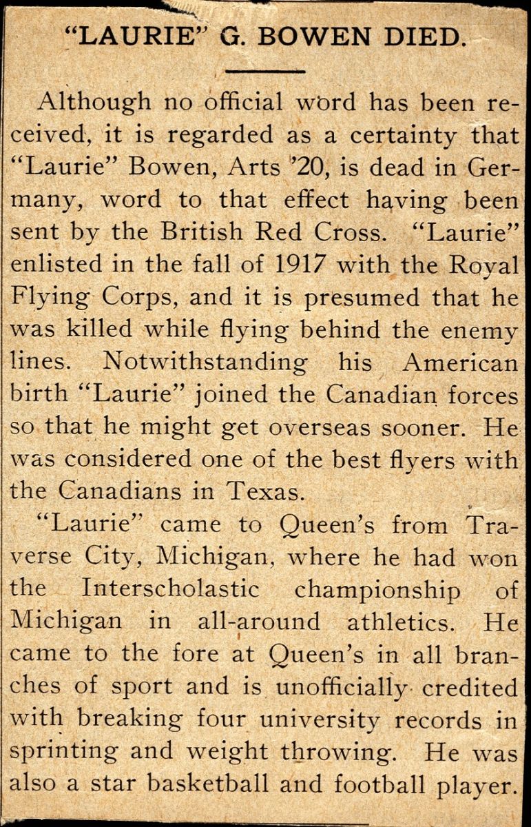News Clipping Reporting Death of Bowen