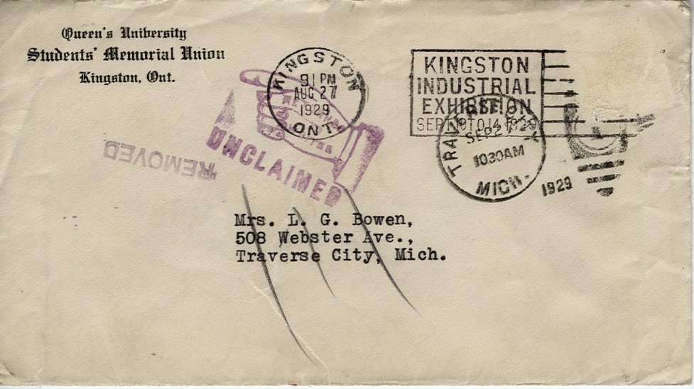 Envelope Addressed to Mrs. L.G. Bowen from Queens University Students Memorial Union