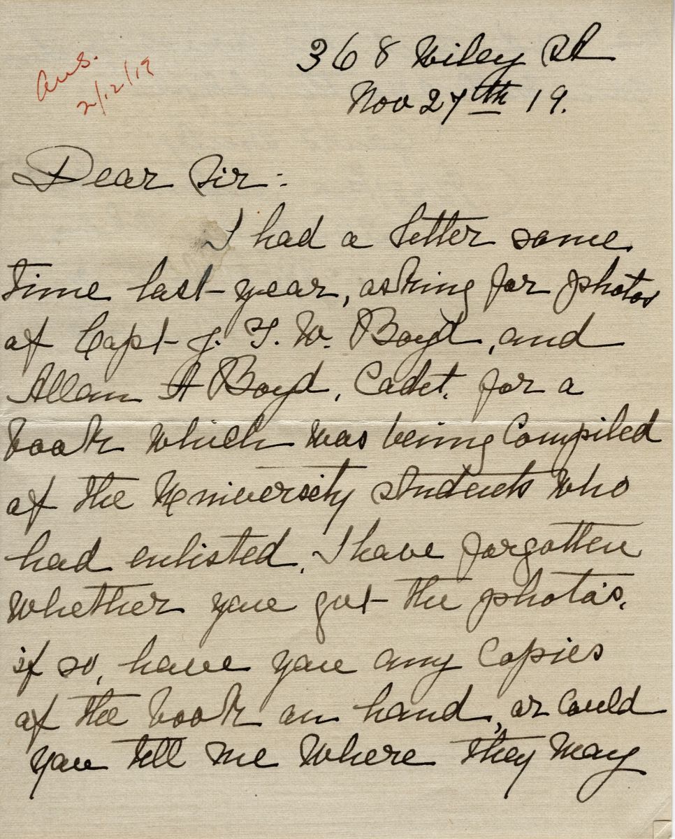 Letter from Mrs. Theo Andrew Boyd to Queens University, 27th November 1919, Page 1