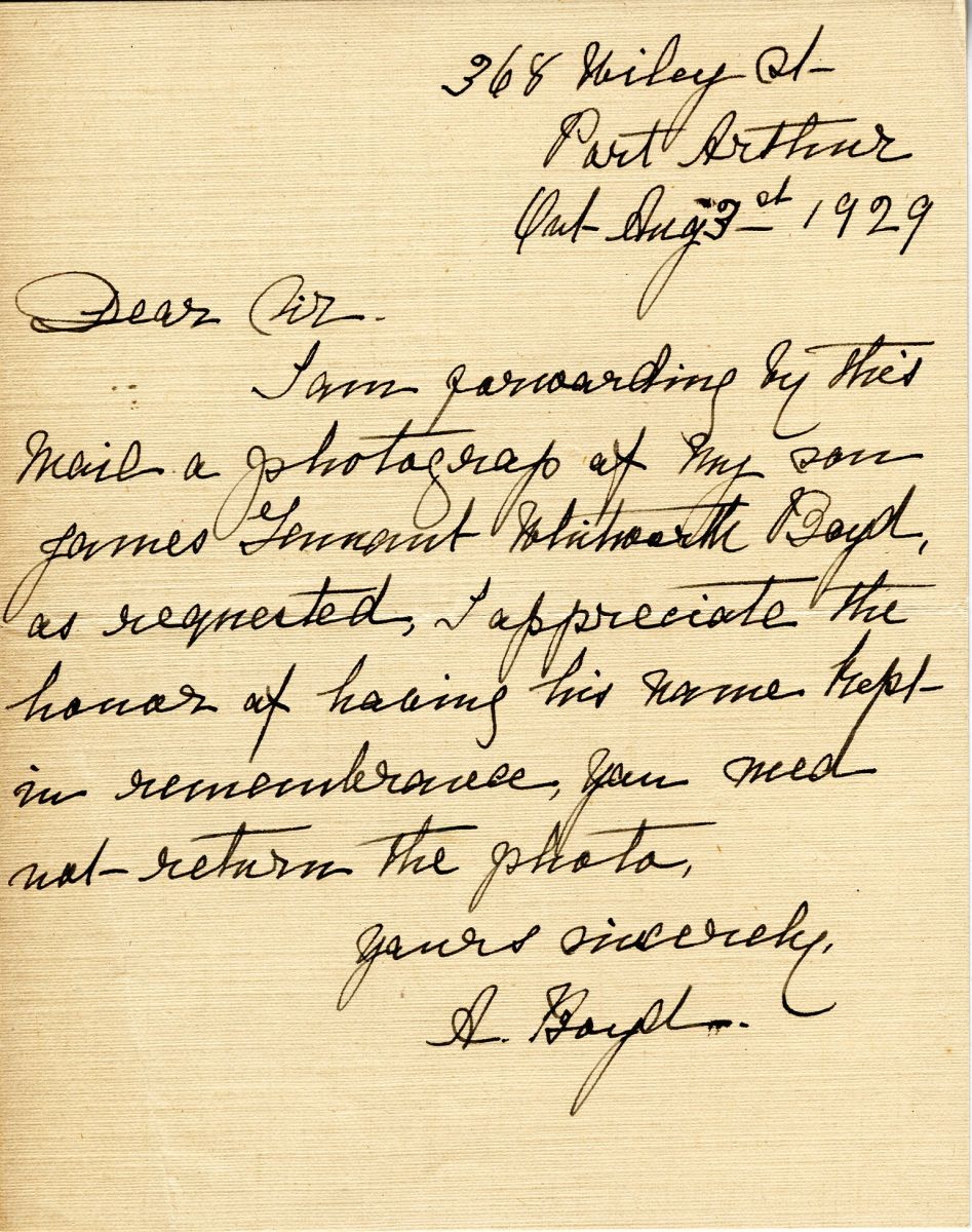 Letter from A. Boyd, 3rd August 1929