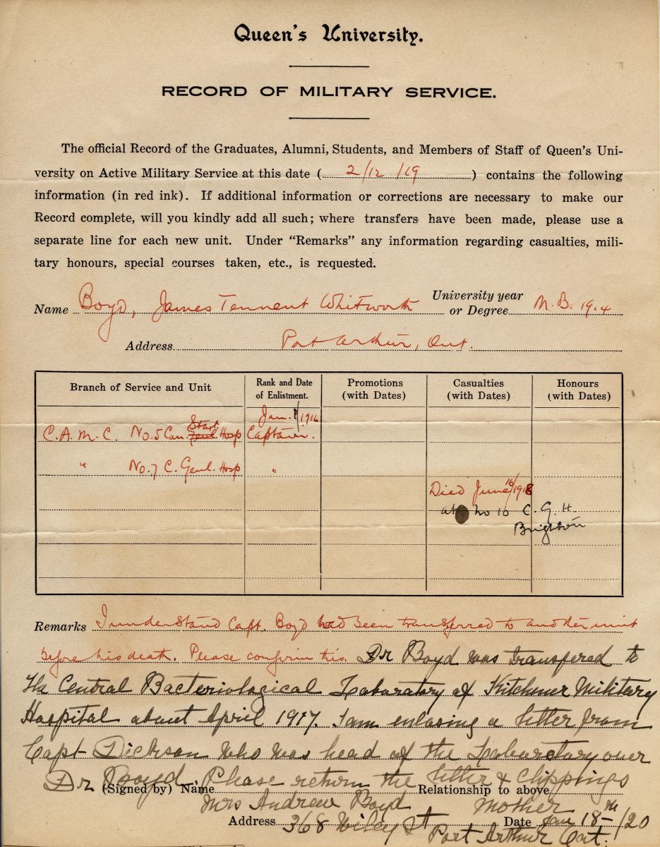 James Boyd, Queens University Record of Military Service