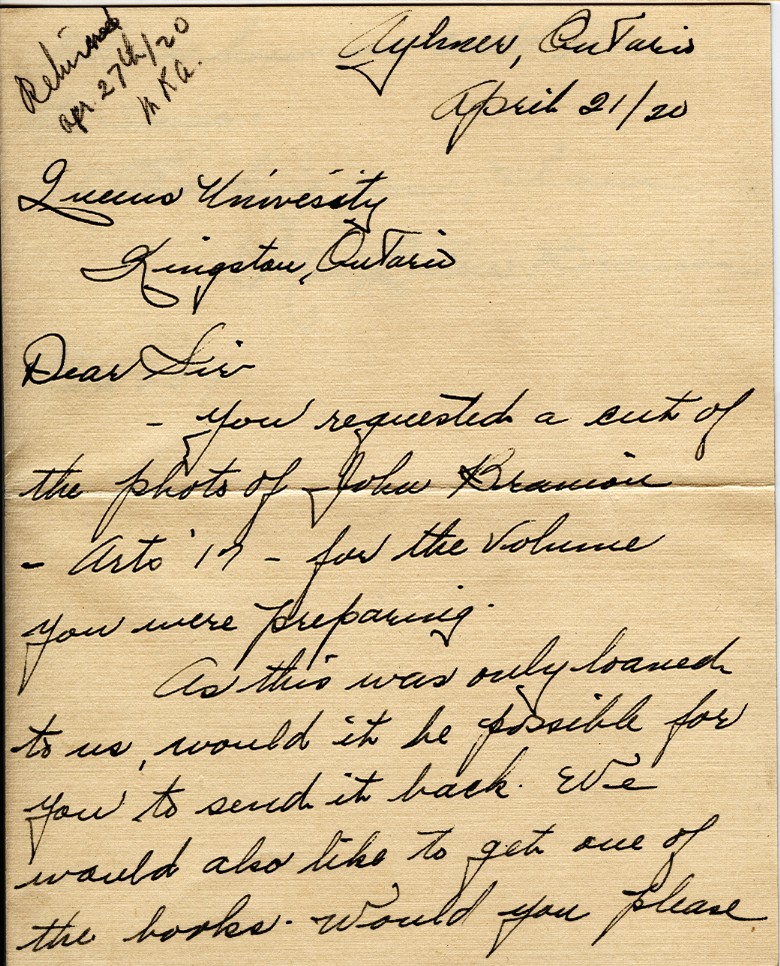 Letter for Queen's University, 21st April 1920