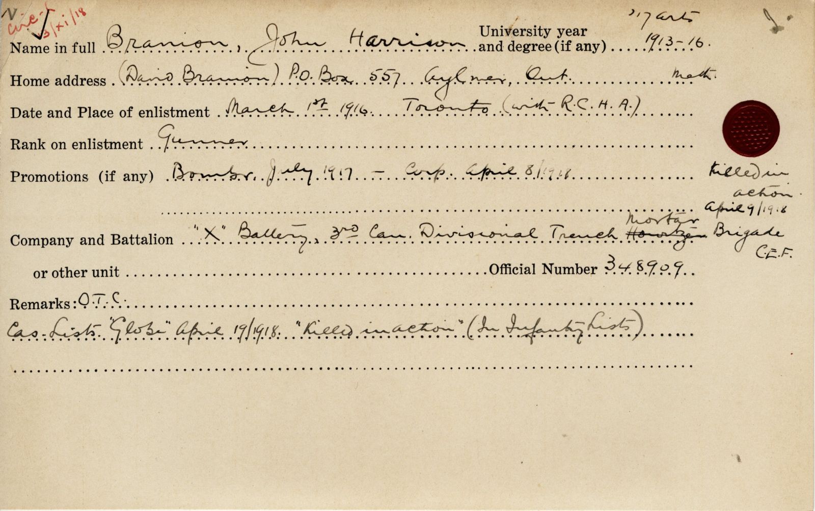 University Military Record of Branion