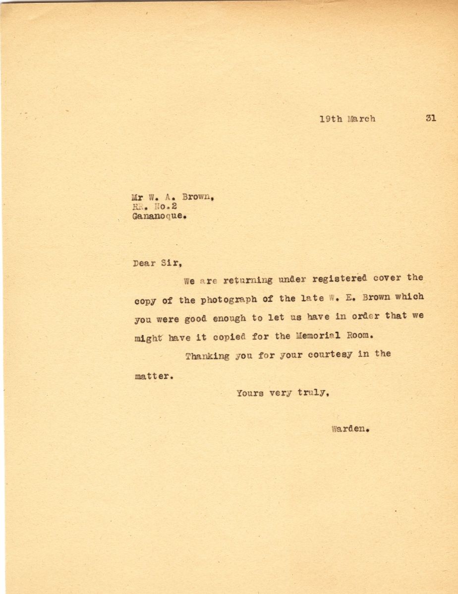 Letter from the Warden to W.A. Brown, 19th March 1931