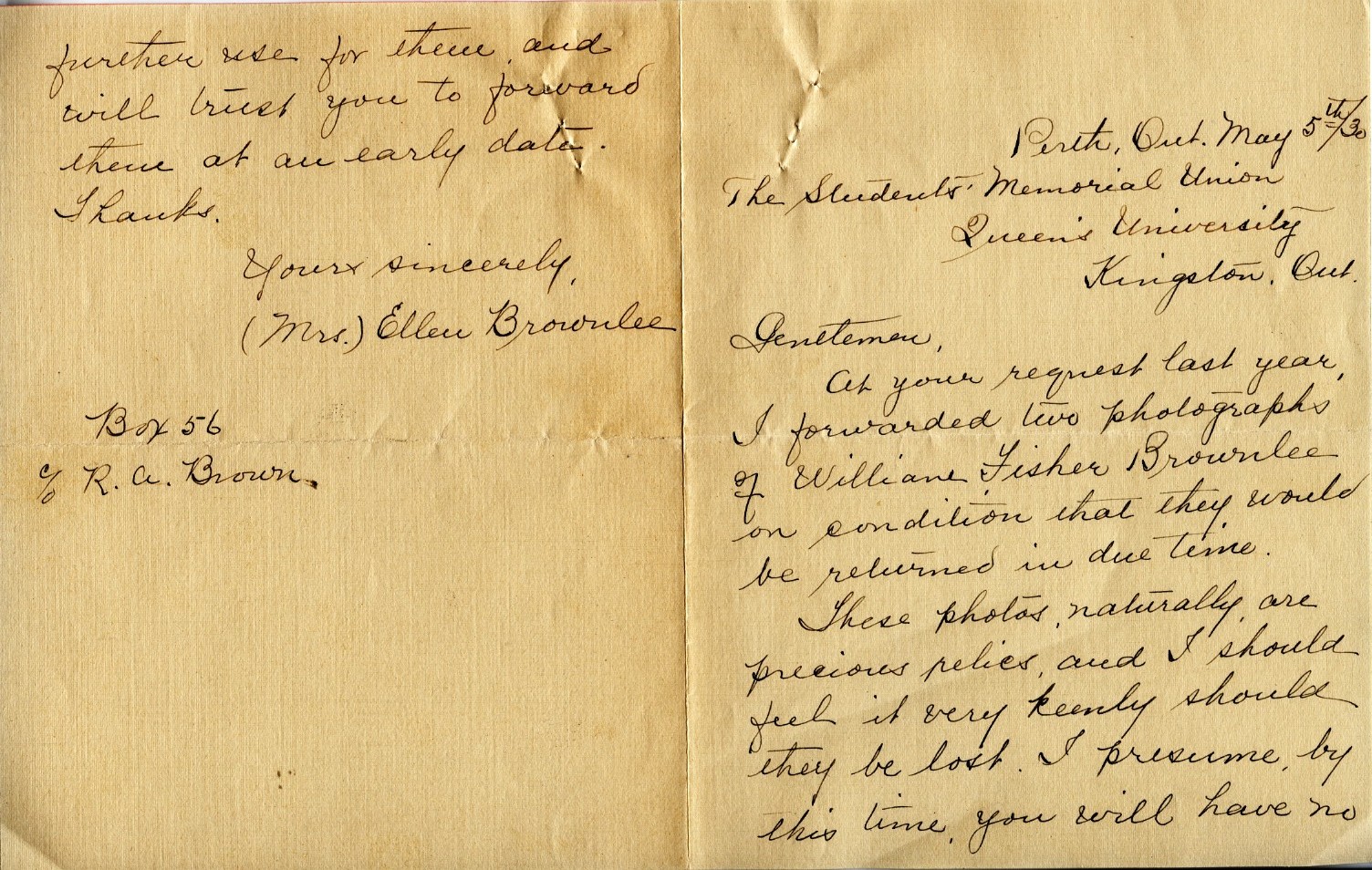 Letter from Mrs. Ellen Brownlee, 5th May 1930