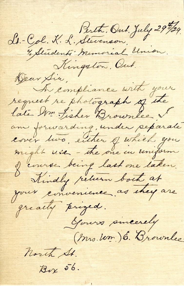 Letter from Mrs. Wm.E. Brownlee to Lt. Col. K.L. Stevenson, 29th July 1929