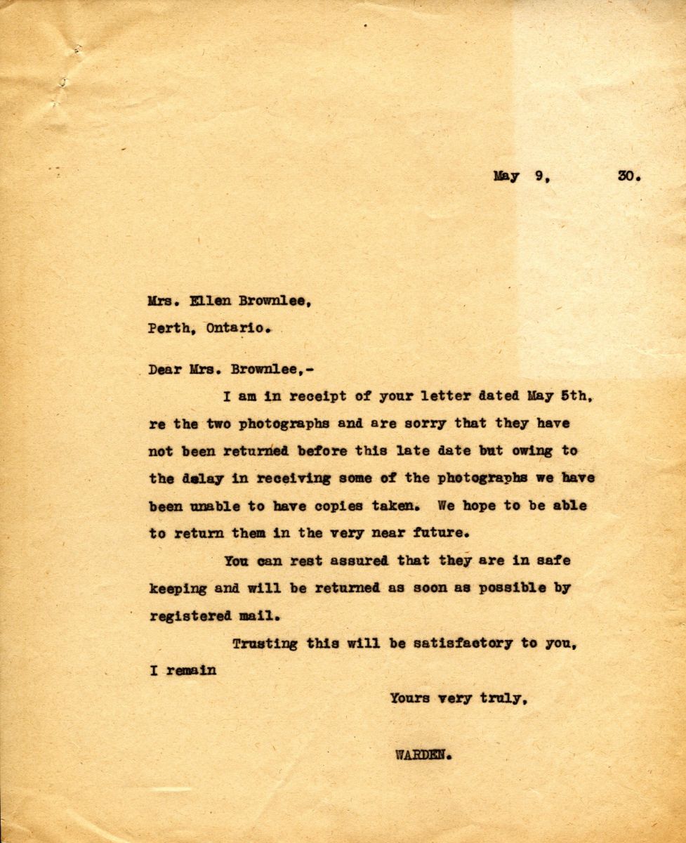 Letter from the Warden to Mrs. Ellen Brownlee, 9th May 1930