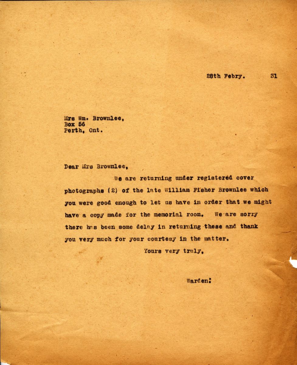 Letter from the Warden to Mrs. Wm. Brownlee, 28th February 1931