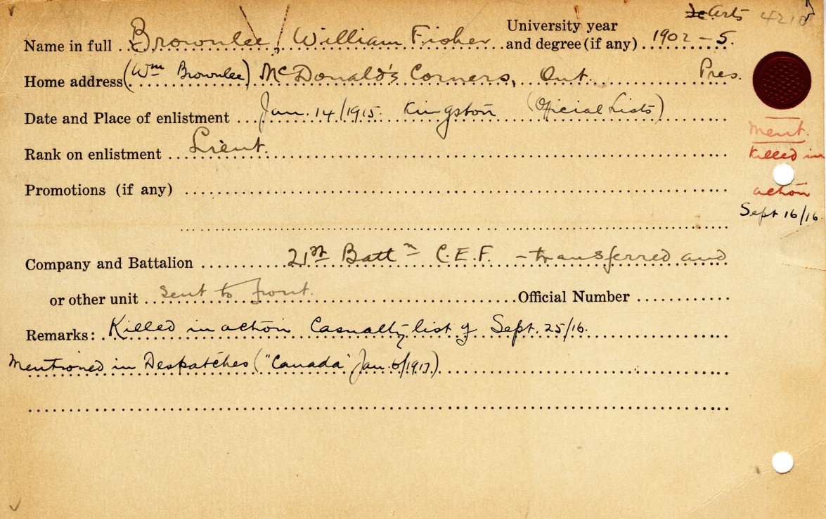 University Military Service Record of Brownlee