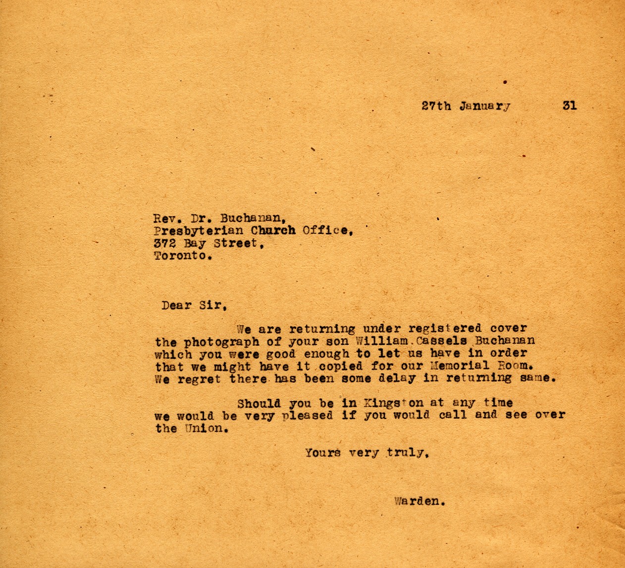 Letter from the Warden to Rev. Dr. Buchanan, 27th January 1931