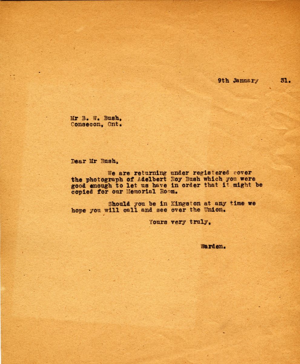 Letter from the Warden to Mr. B.W. Bush, 9th January 1931