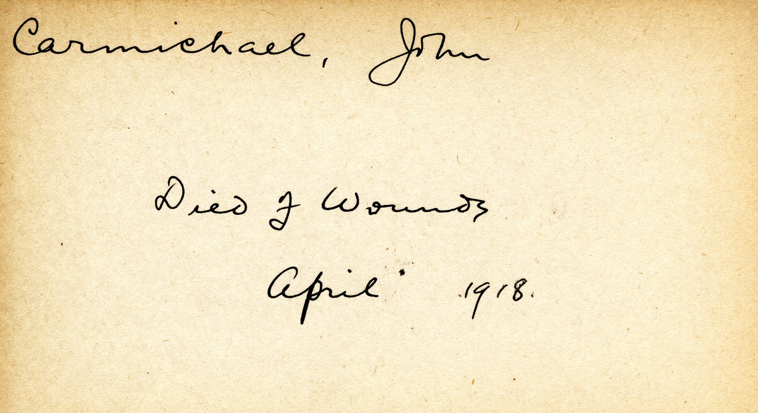 Card Describing Cause of Death of Carmichael, April 1918