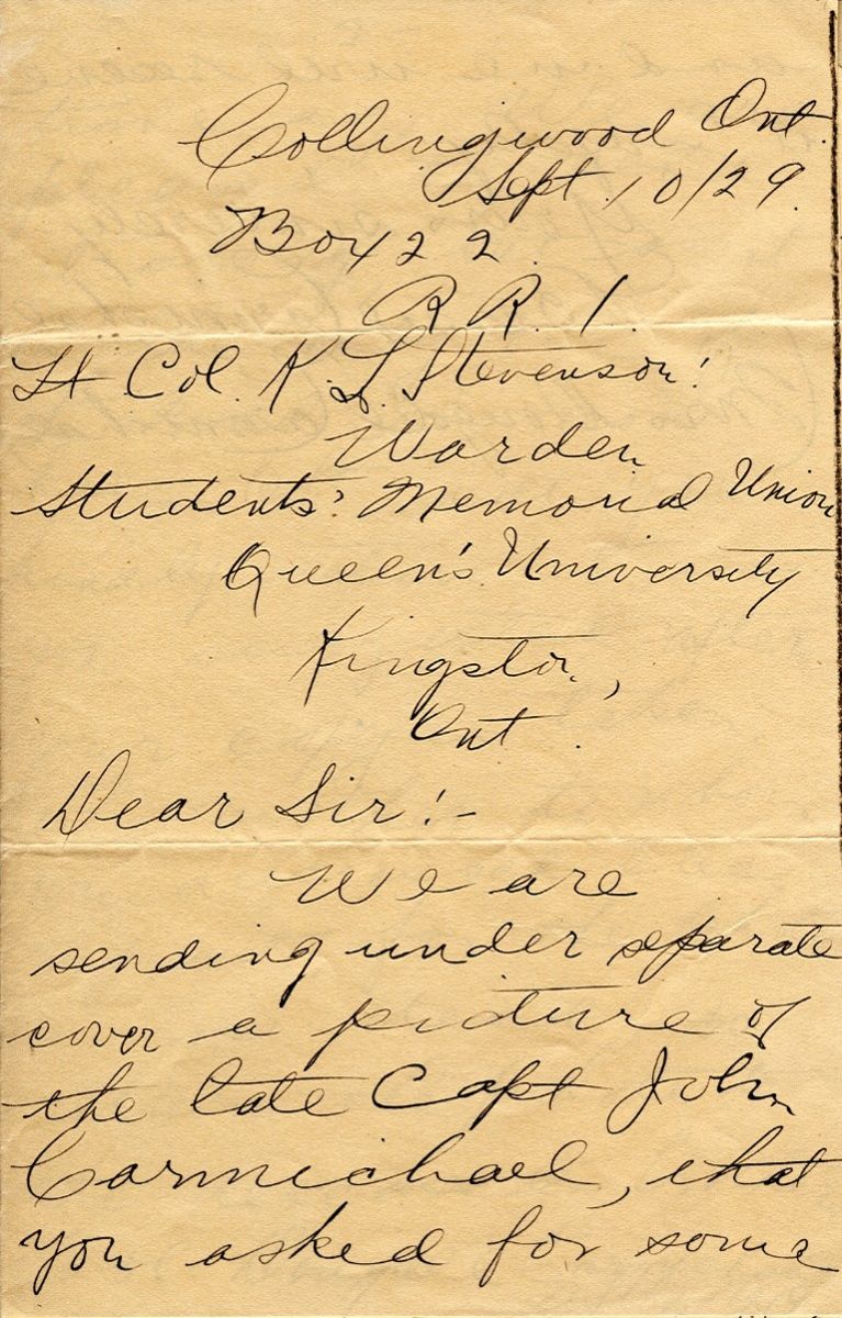 Letter from Bessie Carmichael to Lt. Col. K.L. Stevenson, 10th September 1929, Page 1