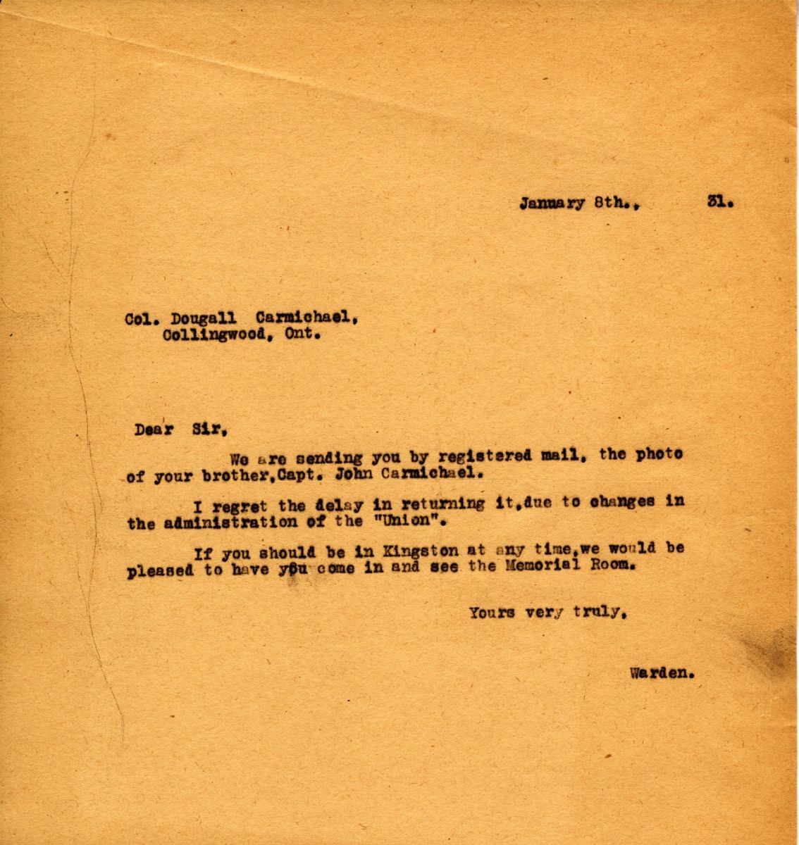 Letter from the Warden to Col. Dougall Carmichael, 8th January 1931